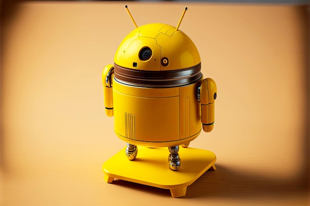 Photo yellow android robot vacuums android stands on table generative ai