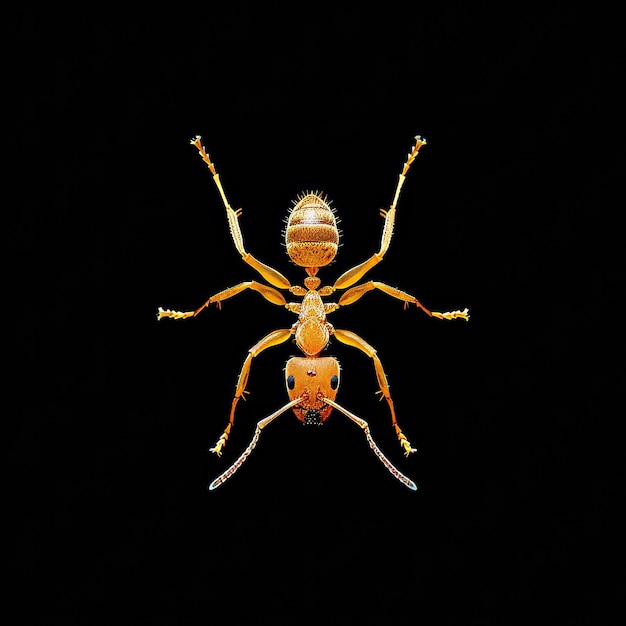 Photo a yellow ant isolated on black background top view