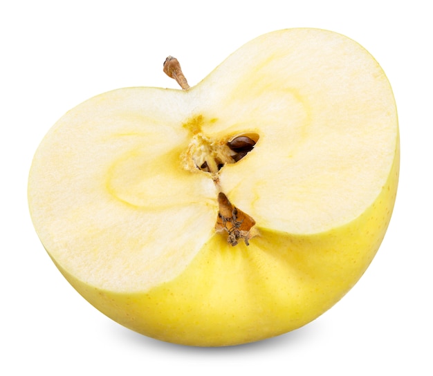 Желтое яблоко изолированное на белом пути клиппирования