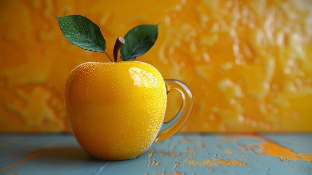 a yellow apple with a leaf in a glass cup