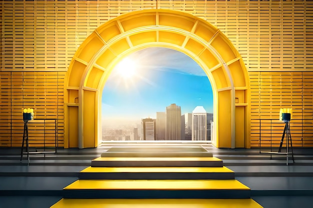 A yellow arch with a city in the background