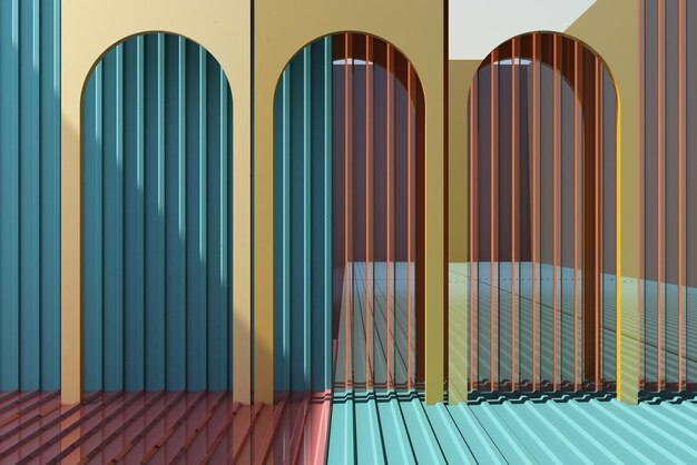 Желтая арка с красочным металлическим фоном и полем 3D-рендерирования