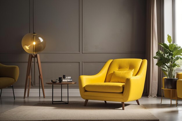 Yellow armchair in living room with copy space