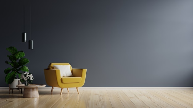 Yellow armchair and a wooden table in living room interior with plant