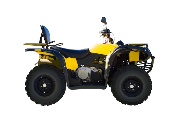 Photo yellow atv vehicle isolated on white background. four wheeled quad bike for off-road riding