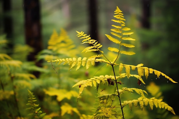 Yellow autumn fern branches in green forest