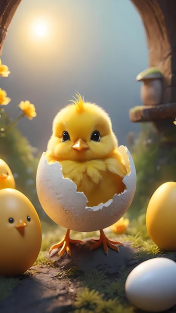 Yellow baby chick with eggshell closeup illustration background