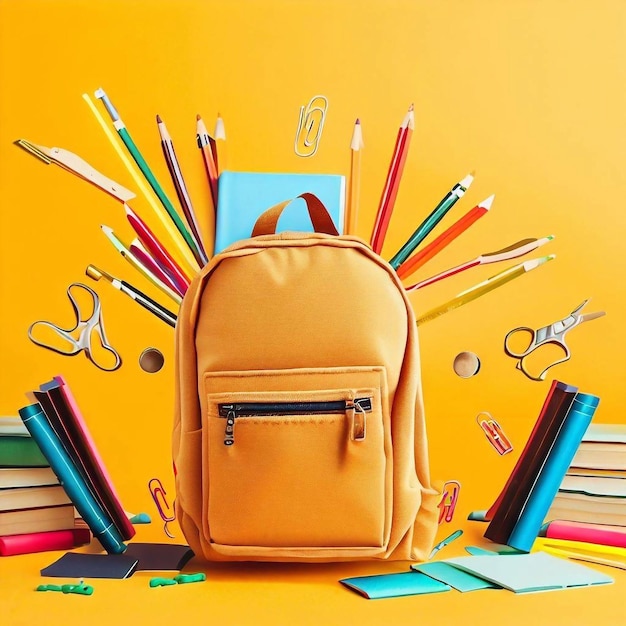 A yellow back pack with pencils and pencils on it