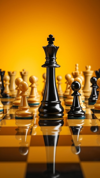 A yellow background accentuates the presence of chess pieces and the board Vertical Mobile Wallpaper