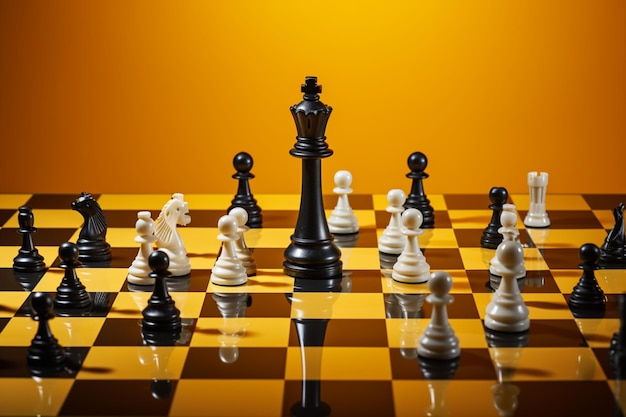 Photo a yellow background accentuates the presence of chess pieces and the board