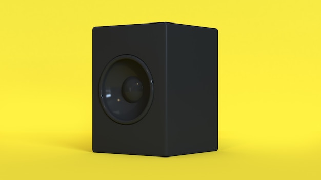 Photo yellow background black round speaker 3d rendering