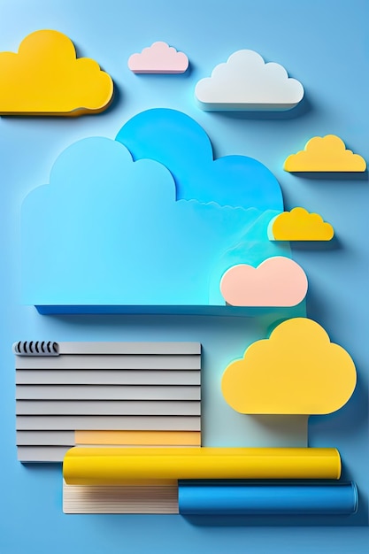 Yellow background and blue notebook with paper cut cloud flat lay