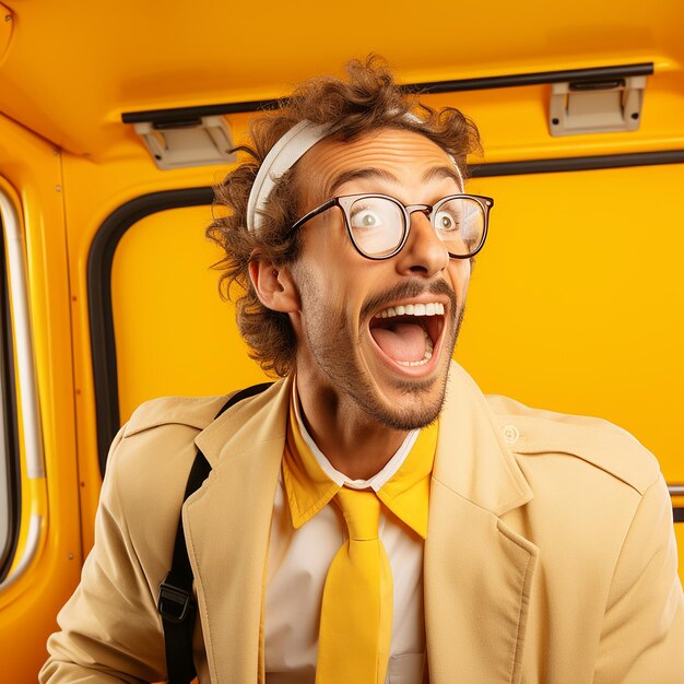 Yellow background bus driving illustration