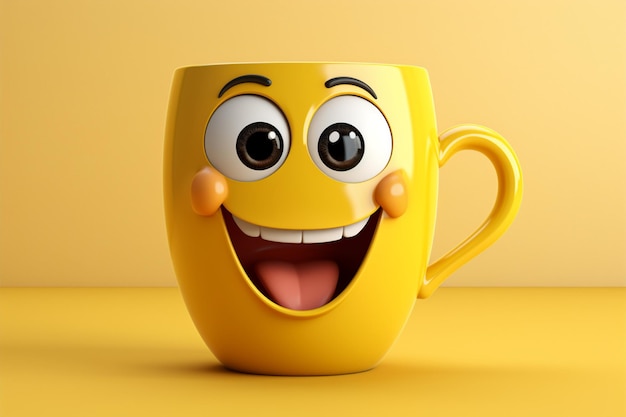 Yellow background hosts adorable coffee cup character smiling Room for customization