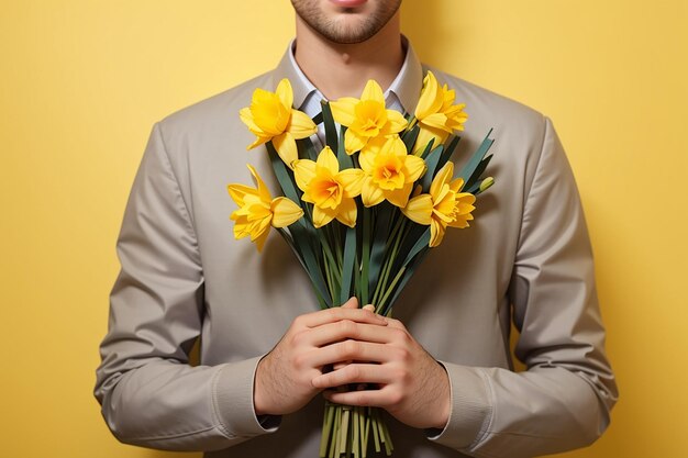 Yellow background and male hands with a bouquet of yellow daffodils the concept of greetings and women's day