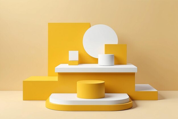 Yellow background minimal scene with yellow geometric platform with white podium