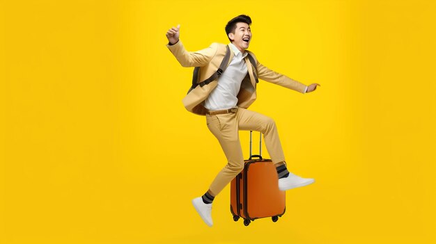 Yellow background travel concept air tickets jumping fit to fly advertising advertisement