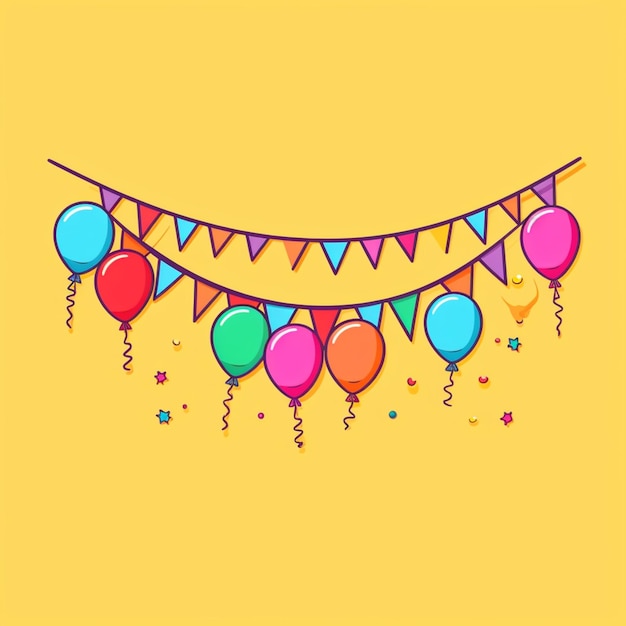 Photo a yellow background with balloons and buntings on a string generative ai