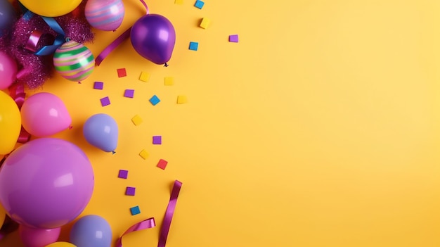 A yellow background with balloons and confetti on it