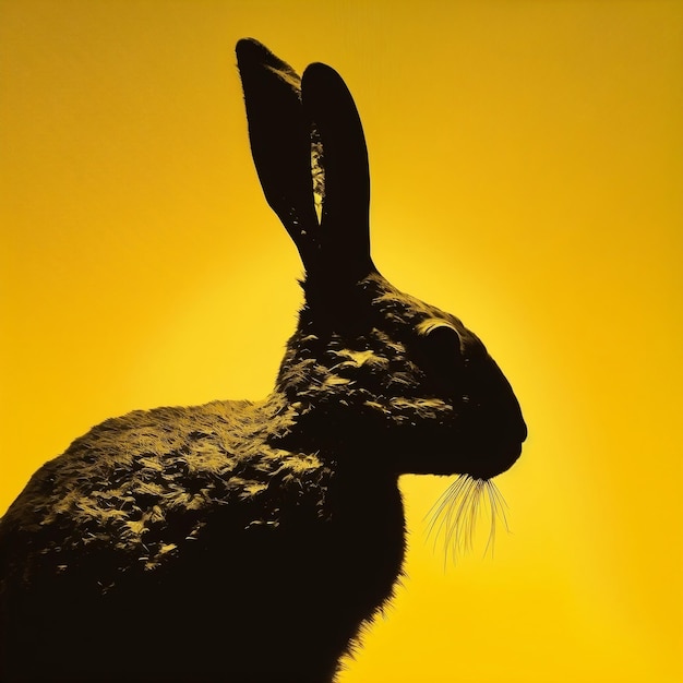 A yellow background with a black rabbit in the middle.