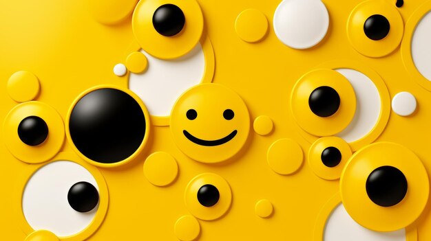 A yellow background with black and white smiley faces