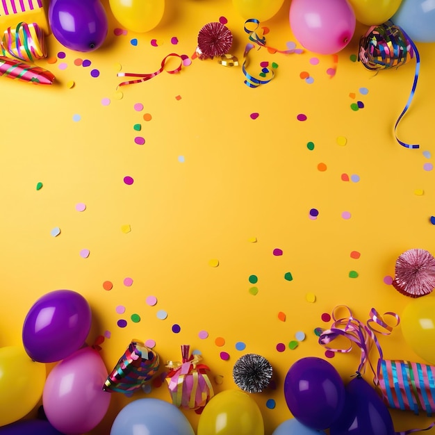 A yellow background with a border of balloons and confetti.