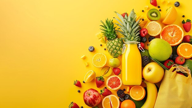 a yellow background with a bunch of fruits and a bottle of orange juice