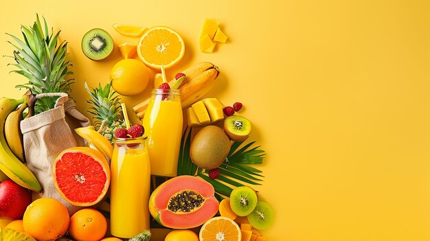 a yellow background with a bunch of fruits and vegetables on it