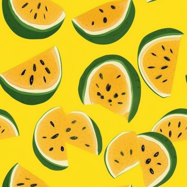 A yellow background with a bunch of watermelon slices on it