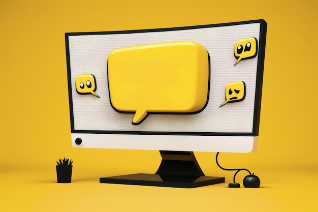 Yellow background with a cartoon desk chair and computer screen showing chat messages