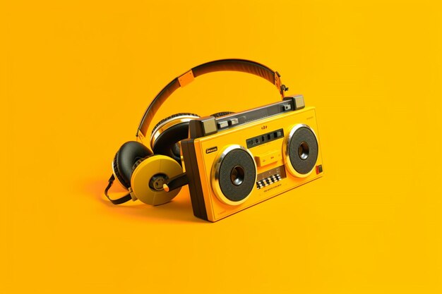 A yellow background with a cassette player and he