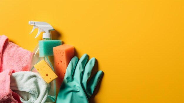 A yellow background with a cleaning glove, a sponge, a sponge, and a bottle of soap