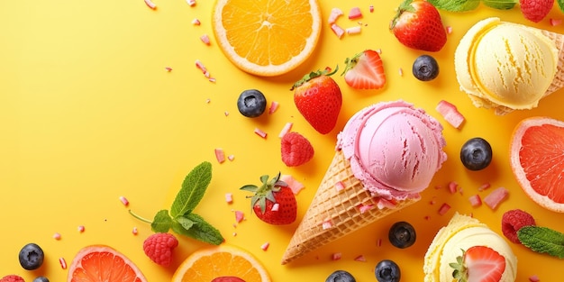 Photo a yellow background with a cone of ice cream and fruit on top