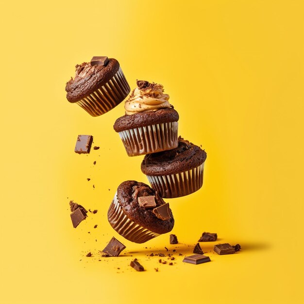 A yellow background with cupcakes and chocolate pieces.