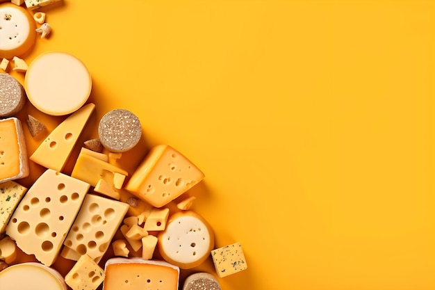 Photo a yellow background with different types of cheese