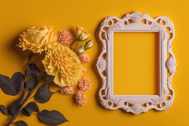 Yellow background with flowers and empty space in white frame generative ai