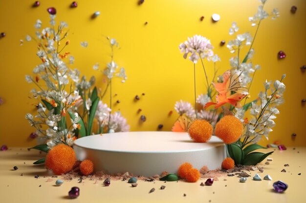 A yellow background with flowers and a round white bowl.