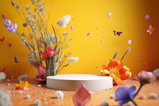 A yellow background with flowers and a white object with a butterfly on it