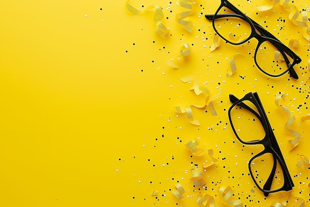 Yellow background with glasses and party decoration