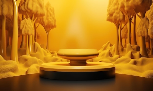 A yellow background with a golden object in the middle of the image.