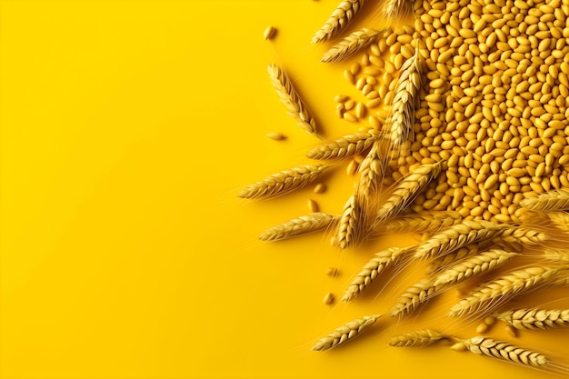 A yellow background with grains of wheat and a few grains of wheat