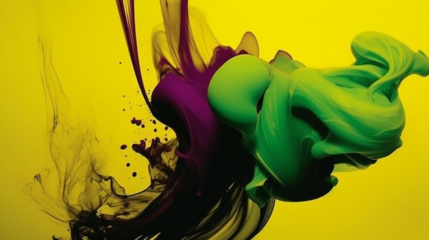 A yellow background with a green and purple paint on it