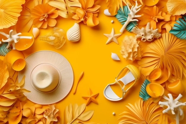 A yellow background with a hat, shoes and a hat on it