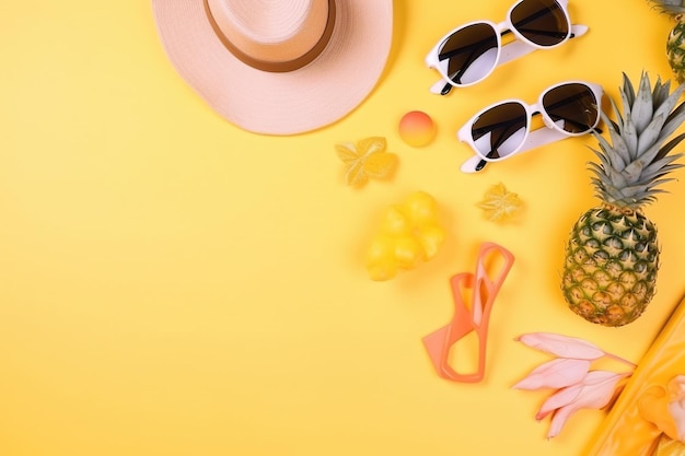 A yellow background with a hat sunglasses a hat and a pair of sunglasses summer background