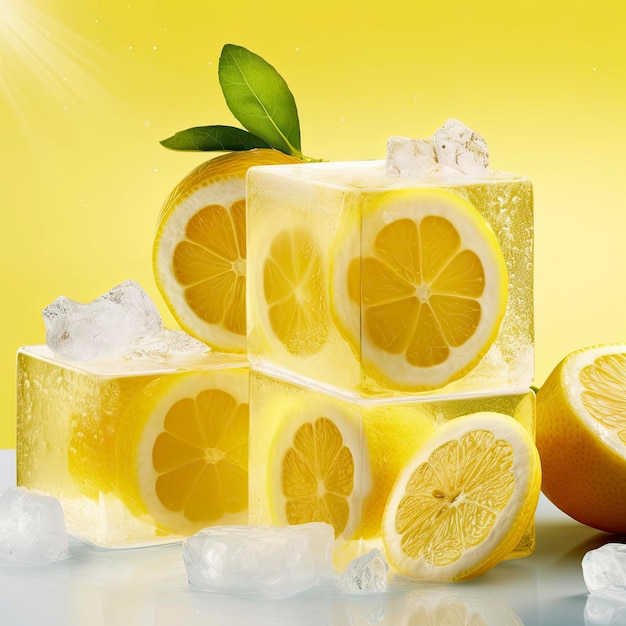 A yellow background with lemon slices and ice cubes