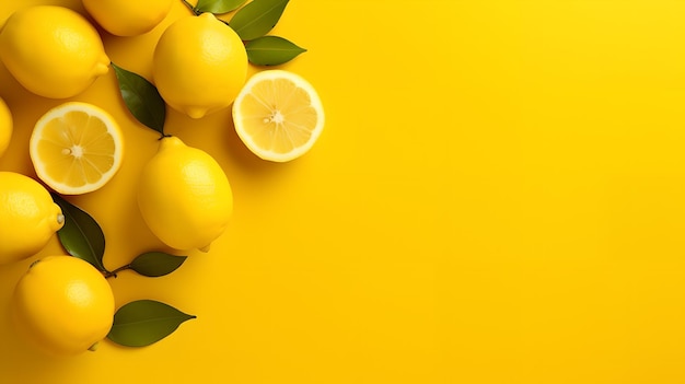 A yellow background with lemons and leaves