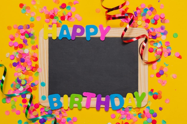 Yellow background with the letters "happy birthday" and a blackboard