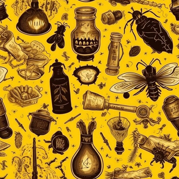 A yellow background with a lot of different items and insects generative ai