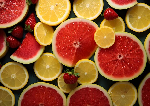 yellow background with oranges and strawberries