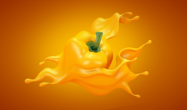Фото Желтый фон с паприкой и всплеск кетчуп, соус, сок. 3d-рендеринг.